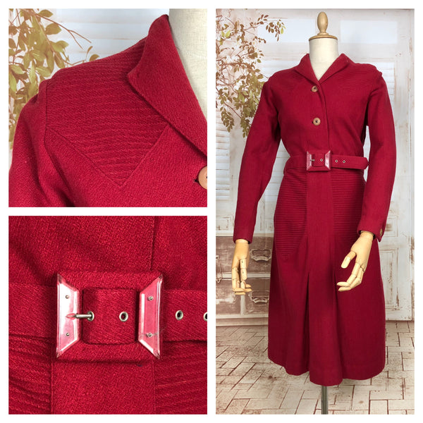 Wonderful Original 1940s Vintage Red Pin Tuck Detail Dress With Lucite Belt