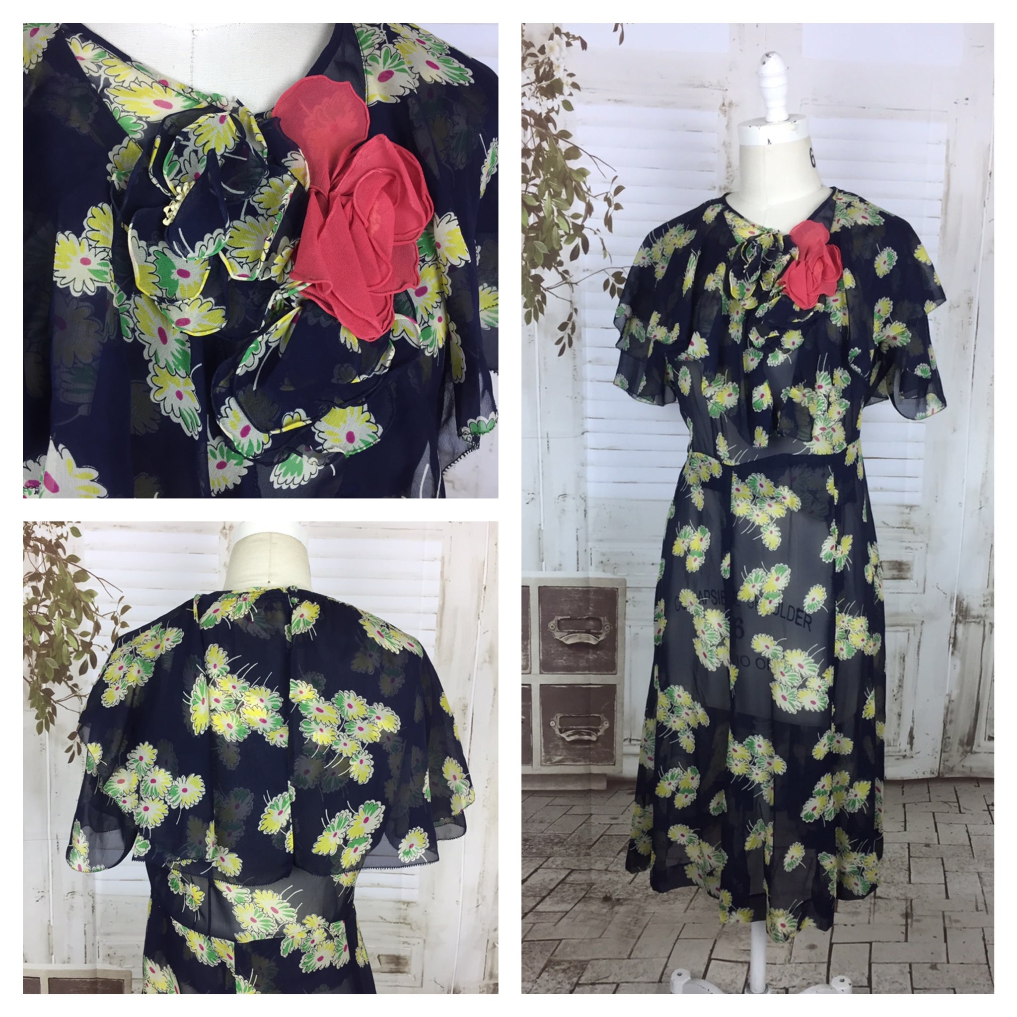 LAYAWAY PAYMENT 2 OF 2 - RESERVED FOR MICHELE - Original 1930s Navy Blue Chiffon Dress With Yellow Flowers And Cape Back