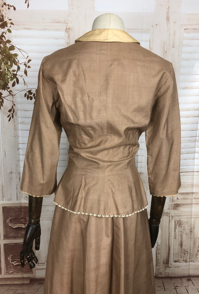 Original 1940s 40s Vintage Sand Coloured Silk New Look Skirt Suit With Lace Trim