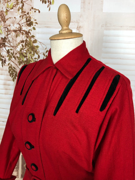 Amazing Original 1940s Vintage Red Belted Suit With Black Accents By Juliette Originals