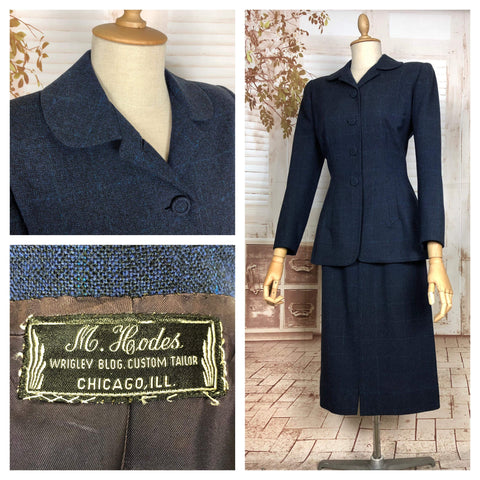 Wonderful Original 1940s Vintage Navy Blue Plaid Skirt Suit