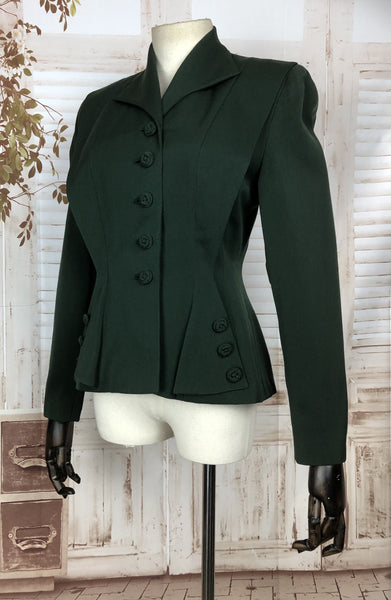 Stunning Original 1940s 40s Vintage Forest Green Gabardine Blazer With Fabulous Button Details