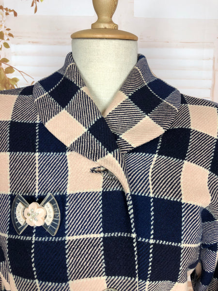 Exceptional 1940s Original Volup Vintage Pink And Navy Plaid Princess Coat