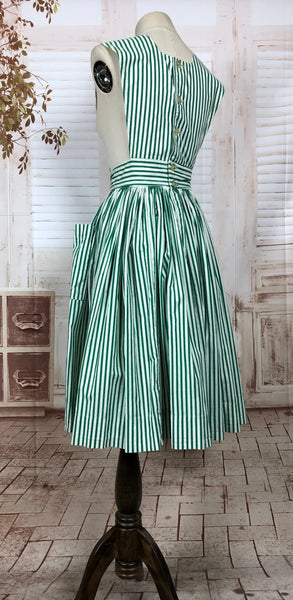 Rare Original 1940s 40s Vintage Green And White Striped Pinafore Dress