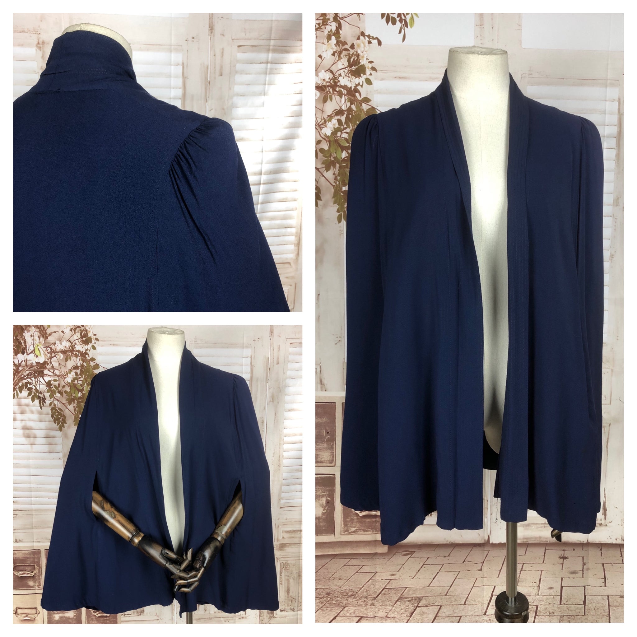 Original 1930s 30s Vintage Blue Crepe Cape With Gathered Shoulders