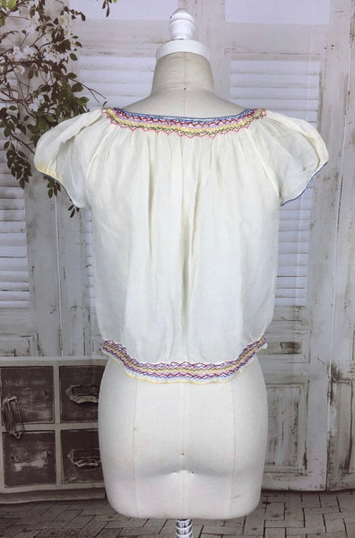 Original 1930s White Vintage Hungarian Peasant Folk Blouse With Flower Embroidery