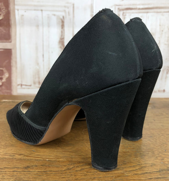 Fabulous Original 1930s Vintage Black Textured Satin Peep Toe Heels