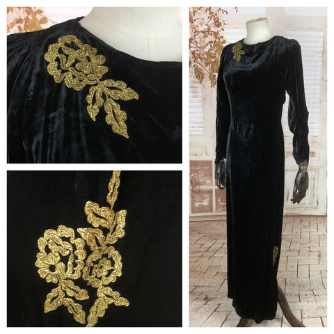 Original Late 1930s 30s Early 1940s 40s Vintage Silk Velvet Evening Gown With Gold Soutache Appliqué