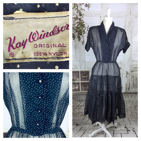 Original Vintage 1940s 40s Kay Windsor Navy and Cream Polkadot Nylon Day Dress