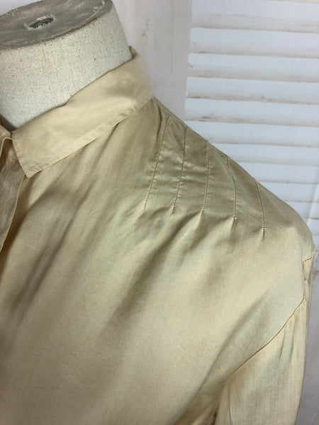 Original 1940s 40s Vintage Cream Silk Blouse With Offset Double Buttons