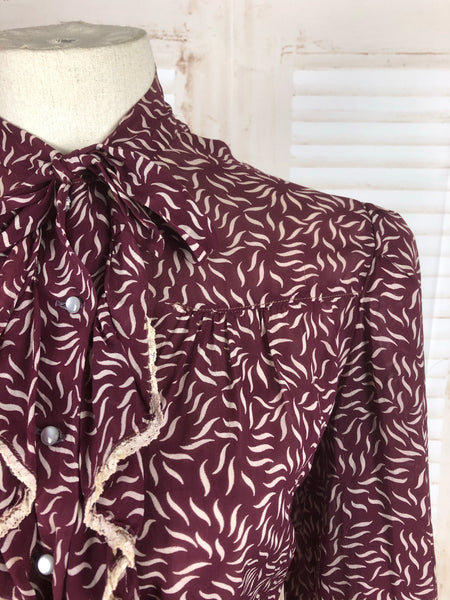 Original 1930s 30s Vintage Burgundy Printed Chiffon Blouse With Padded Shoulders And Ruffle