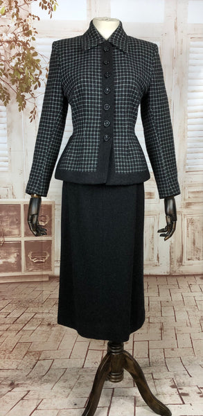 Beautiful 1940s 40s Vintage Dark Grey Check Wool Suit By Peck & Peck