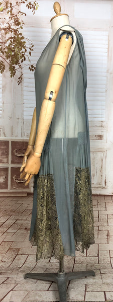 Super Rare Original 1920s Vintage Periwinkle Blue Chiffon Flapper Dress With Hold Lamé Lace