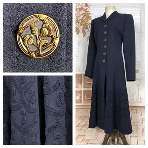 Exceptional Late 1930s / Early 1940s Navy Blue Soutache Coat With Gorgeous Buttons