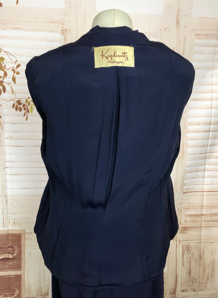 Original Late 1940s 40s Vintage Navy Blue Skirt Suit With Fabulous Collar By Kolmer