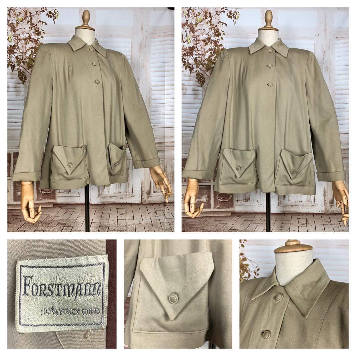 Stunning Original 1940s Volup Vintage Cream Gabardine Forstmann Swing Coat With Triangular Pockets