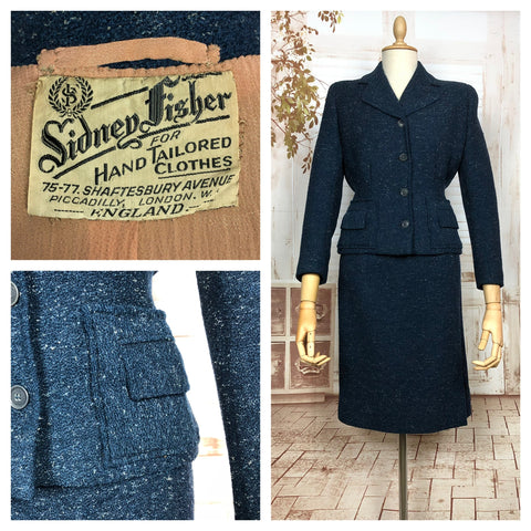 Fabulous Original 1940s Vintage Blue Fleck Skirt Suit By Sidney Fisher