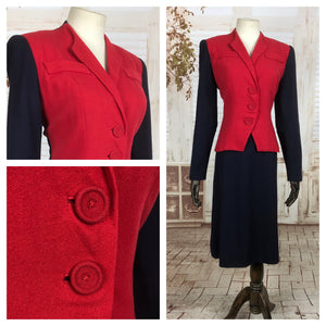 Original 1940s 40s Vintage Colour Block Navy And Red Skirt Suit
