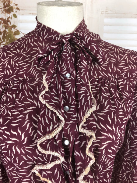 Original 1930s 30s Vintage Burgundy Printed Chiffon Blouse With Padded Shoulders And Ruffle