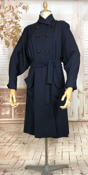 Fabulous Original 1940s Vintage Navy Blue Double Breasted Belted Fit And Flare Coat With Back Belt