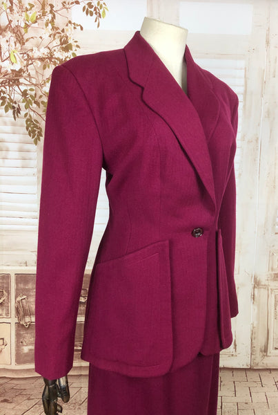Original 1940s 40s Vintage Fuchsia Pink Skirt Suit With Huge Patch Pockets