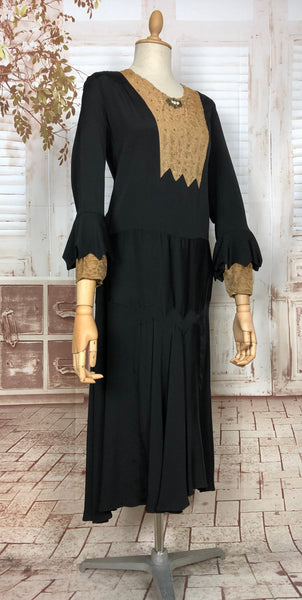 Incredible Late 1920s / Early 1930s Vintage Black Cocktail Dress With Lace Inserts
