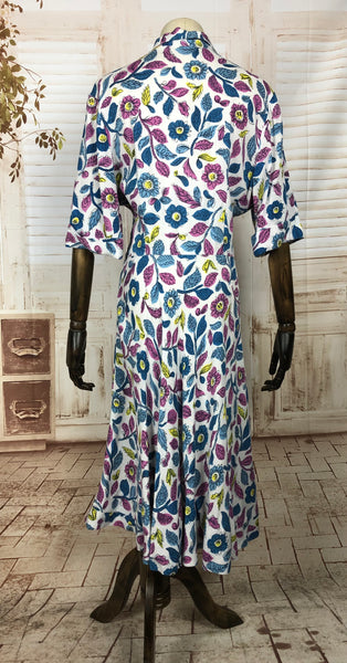 Fabulous Original 1940s 40s Vintage Blue Pink And Yellow Floral Print Cotton Day Dress