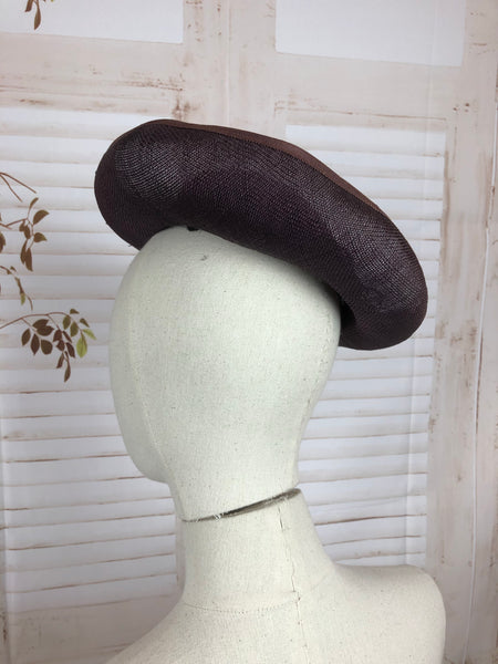 Purple 1930s 30s Straw Brimmed Perched Hat With Pink Magenta And Brown Trim