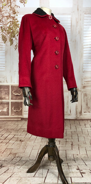 Stunning Red Early 1950s 50s Coat With Astrakhan Collar