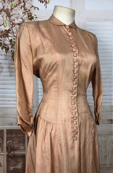 Rare Original 1930s 30s Vintage Raw Peach Silk Dress With All The Buttons