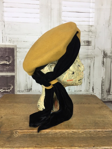 LAYAWAY PAYMENT 2 of 2 - RESERVED FOR KATIE - Rare Original 1940s 40s Vintage Mustard Yellow Felt Hat With A Black Velvet Wimple Exhibited In The Imperial War Museum