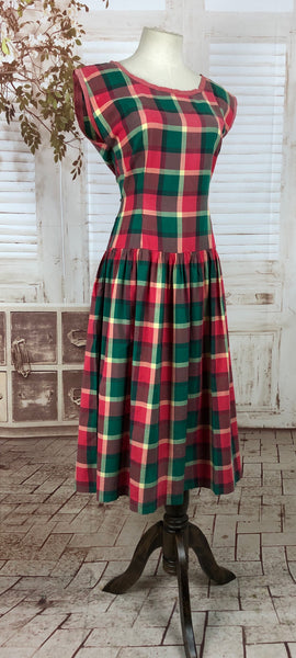 Original 1940s 40s Vintage Red and Green Plaid Day Dress