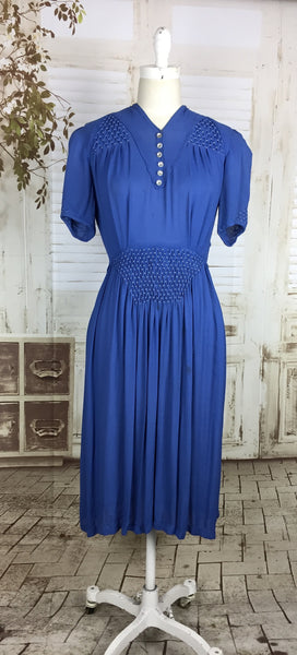LAYAWAY PAYMENT 2 OF 2 - RESERVED FOR LAURA - PLEASE DO NOT PURCHASE - Original 1930s 30s Sky Blue Periwinkle Crepe Dress With Puff Sleeves And Smocking Panels