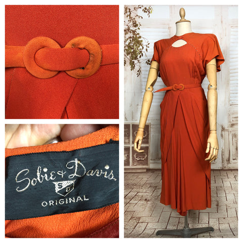 Exceptional Original Late 1930s / Early 1940s Orange Studded Cocktail Dress With Keyhole Detail