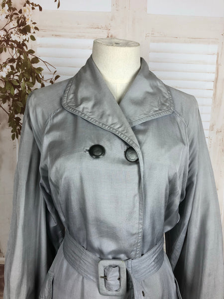 Original 1950s 50s Volup Vintage Grey Double Breasted Silk Cotton Belted Rain Coat Mac