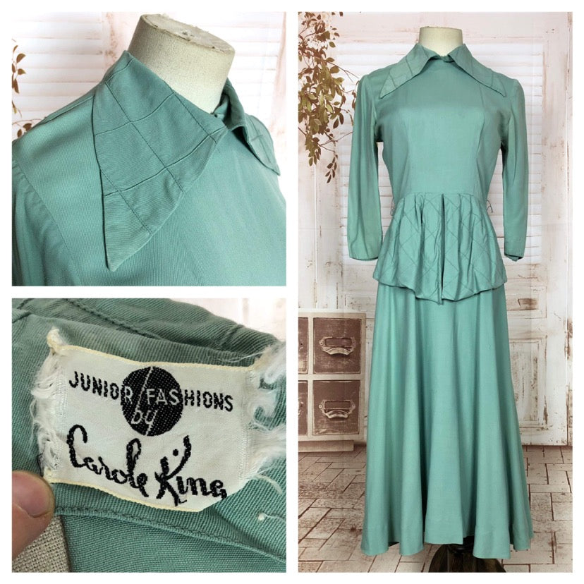 Exquisite Original 1940s Vintage Aqua Seafoam Dagger Collar Peplum Dress By Carole King