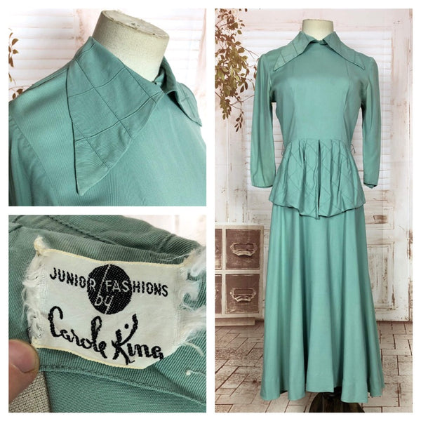 Exquisite Original 1940s Vintage Aqua Seafoam Dagger Collar Peplum Dress By Carole King