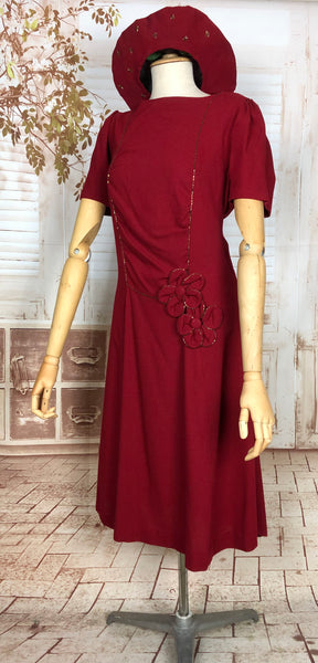 LAYAWAY PAYMENT 3 OF 3 - RESERVED FOR LINDSAY - Exquisite Original Late 1930s / Early 1940s Vintage Rich Red Beaded Crepe Dress With Matching Halo Hat