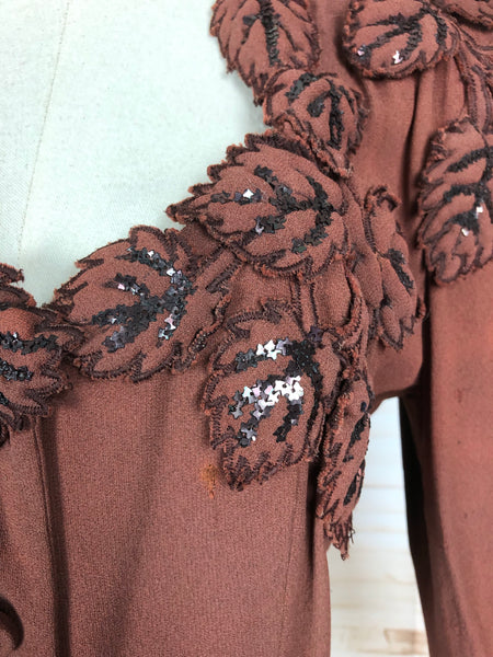 LAYAWAY PAYMENT 2 OF 2 - RESERVED FOR AMBIKA - Original Late 1930s Early 1940s Rust Cinnamon Crepe Blazer With Trapunto Beaded Leaf Decoration