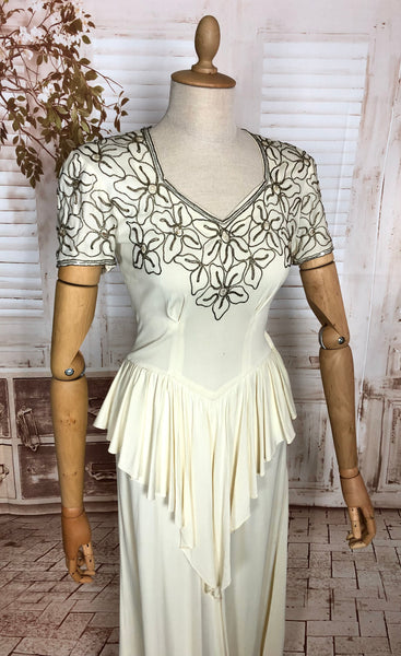 Incredible Original Late 1930s / Early 1940s White Evening Gown / Wedding Dress With Lamé Soutache And Waterfall Peplum