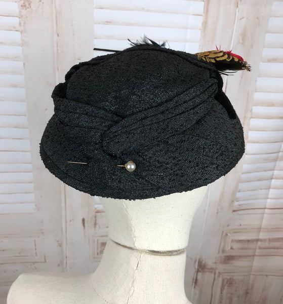 Original 1950s 50s Vintage Black Straw New Look Hat with Feathers