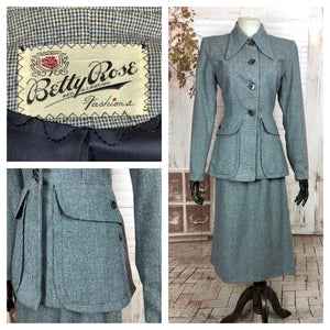 Original 1940s 40s Vintage Grey Micro Check Suit By Betty Rose With Huge Pockets