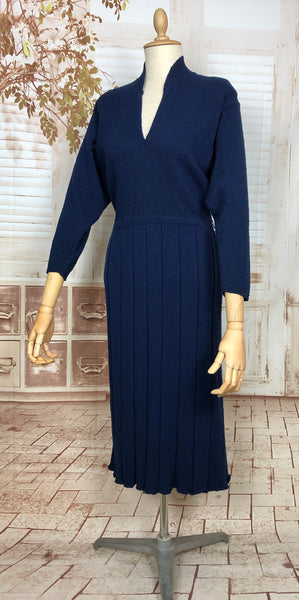 Beautiful Original Late 1940s / Early 1950s Volup Vintage Sapphire Blue Knit Dress By Kims