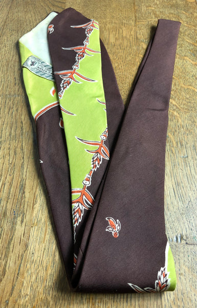 Exceptional Original 1940s Vintage Vibrant Chartreuse Green Red And Brown Silk Swing Tie By Lenard Stern