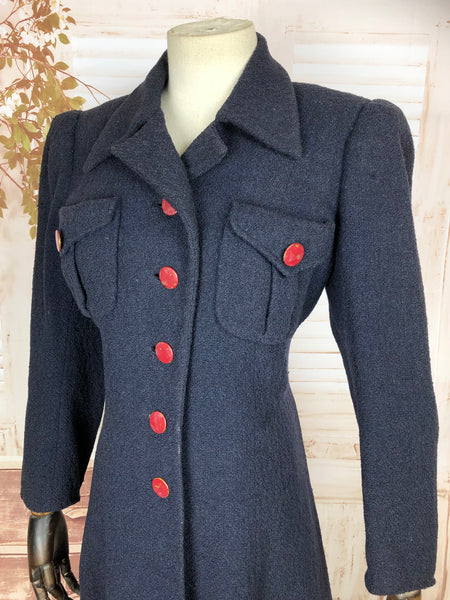 Super Rare Late 1930s / Early 1940s Wartime Vintage Navy Puff Sleeve Coat By Hattie Carnegie