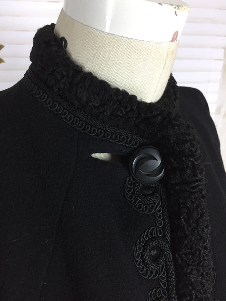 Original 1940s Vintage Black Wool Swing Coat With Soutache And Astrakhan Trim By Hutzler Brothers