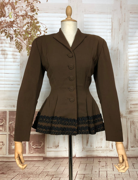 Incredible Original 1940s Vintage Brown Gabardine Blazer With Soutache Peplum By Vogue Couturier Design