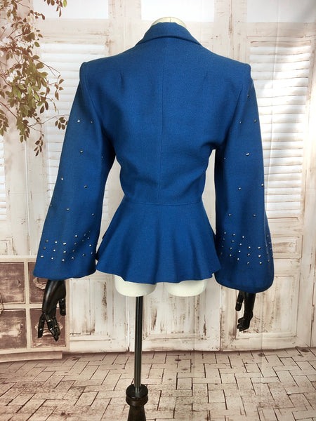 Original 1940s 40s Vintage Blue Studded Jacket With Huge Bishop Sleeves And Peplum