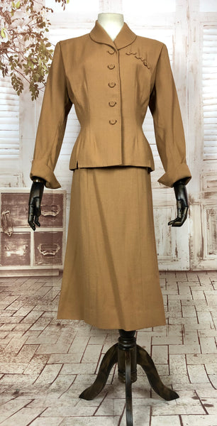 Gorgeous Original Late 1940s 40s Vintage Tan Skirt Suit With Bow Details By Bernard’s