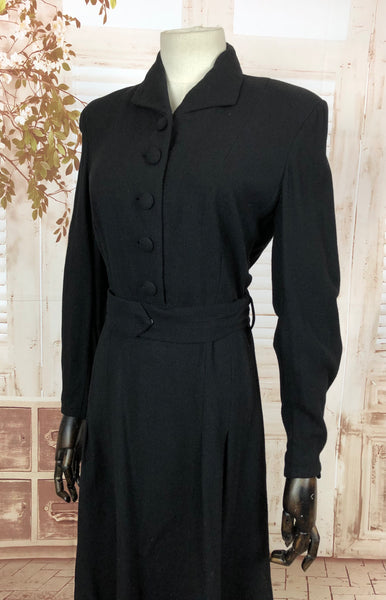 Classic Original Vintage 1940s 40s Black Wool Dress With Belted Waist